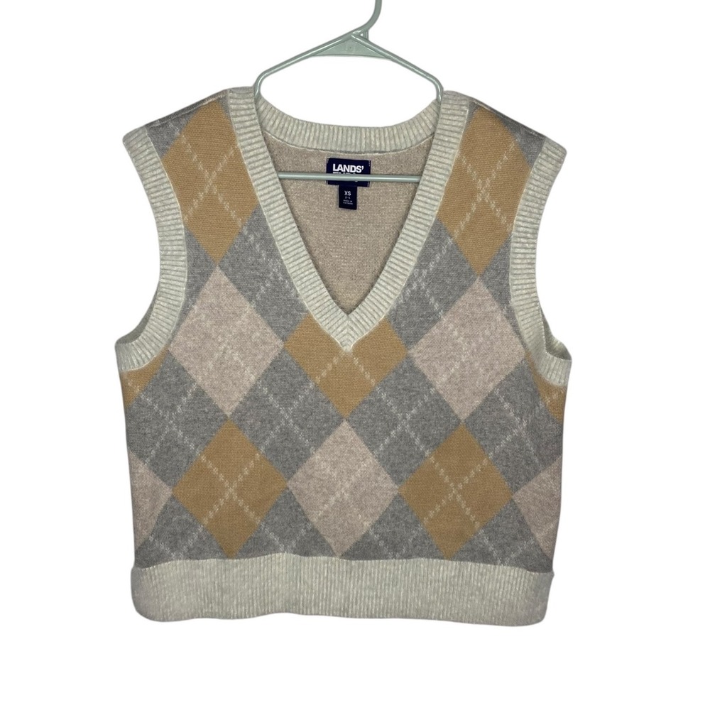 Lands End Womens Argyle Plaid V Neck Pullover Sweater Vest Tan Grey XS 2-4
